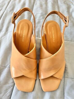 Paloma Barcelo Lt Tan Leather Cross-Front Slingback Wedges